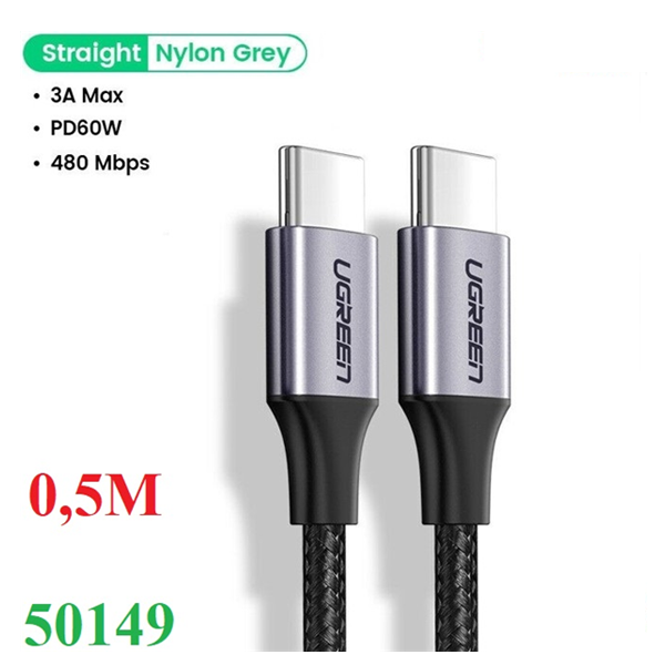 Cáp sạc nhanh 60W USB Type-C to Type-C dài 0,5M bọc nylon Ugreen 50149 cao cấp (dữ liệu)