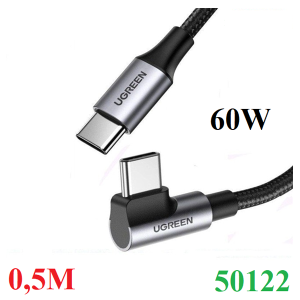 Cáp dữ liệu, sạc nhanh 60W Type-C to Type-C bẻ góc 90 độ dài 0,5M Ugreen 50122 cao cấp